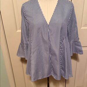 Pomander Place Addie Blue and White Striped V-Neck Blouse